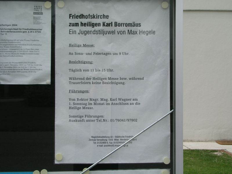 Ankündigungen der Friedhofskirche auf dem Wiener Zentralfriedhof